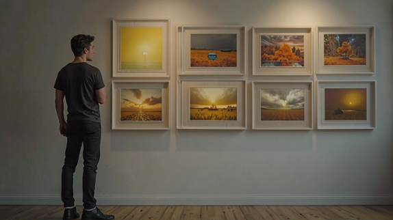 man looking at a gallery wall
