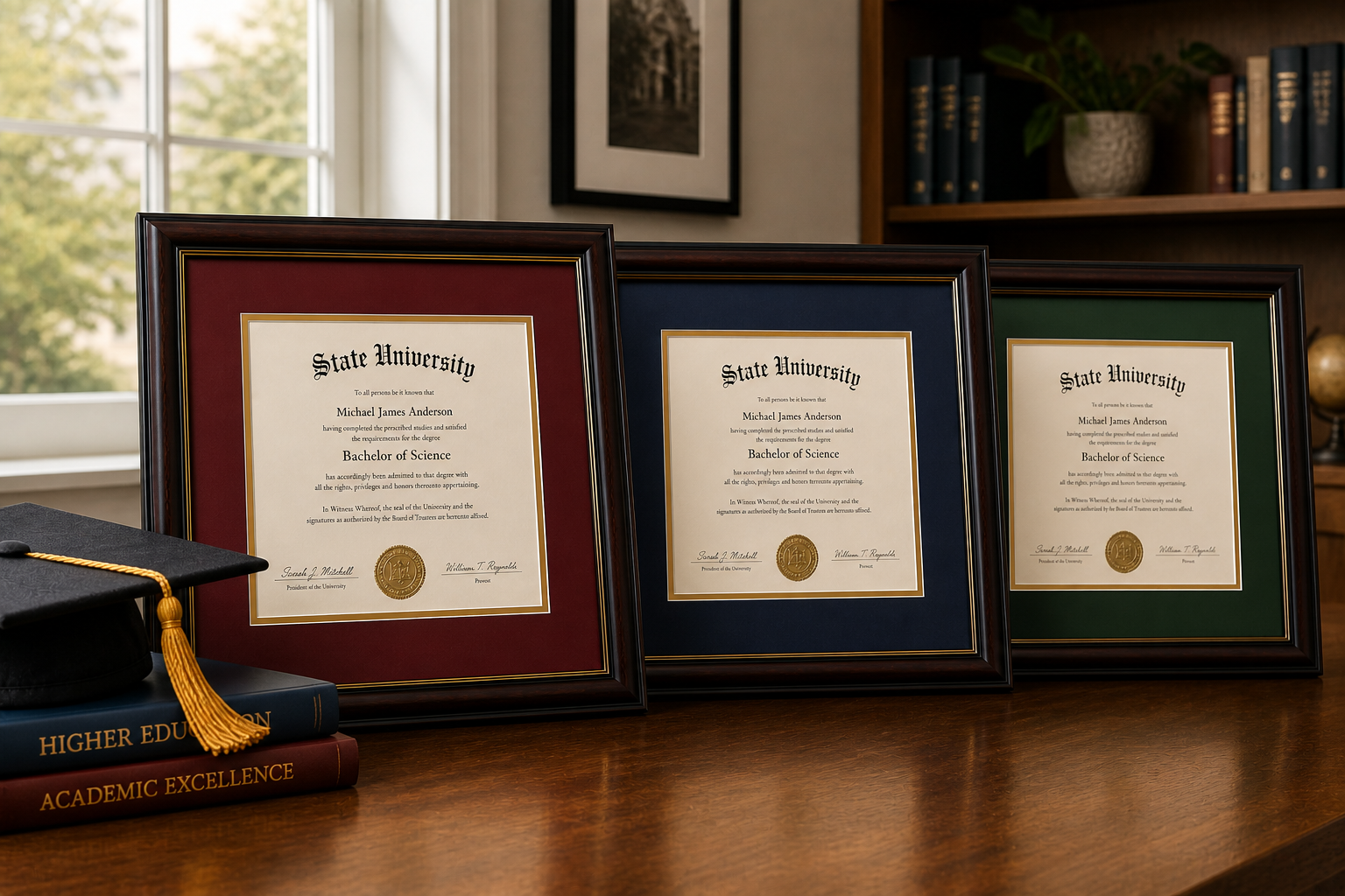 three diploma mats in frames