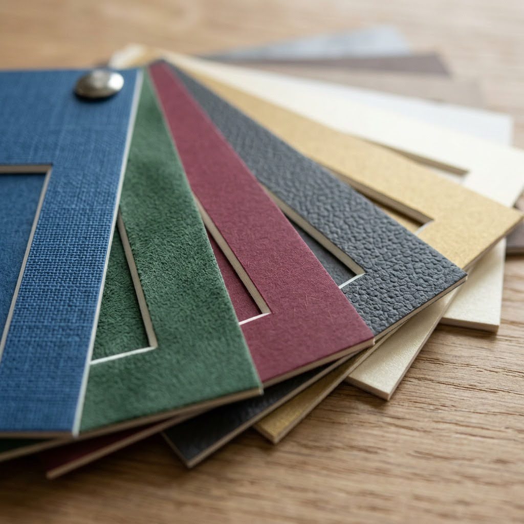 Close-up of textured matboard color samples showing fabric, suede-like, and specialty finishes