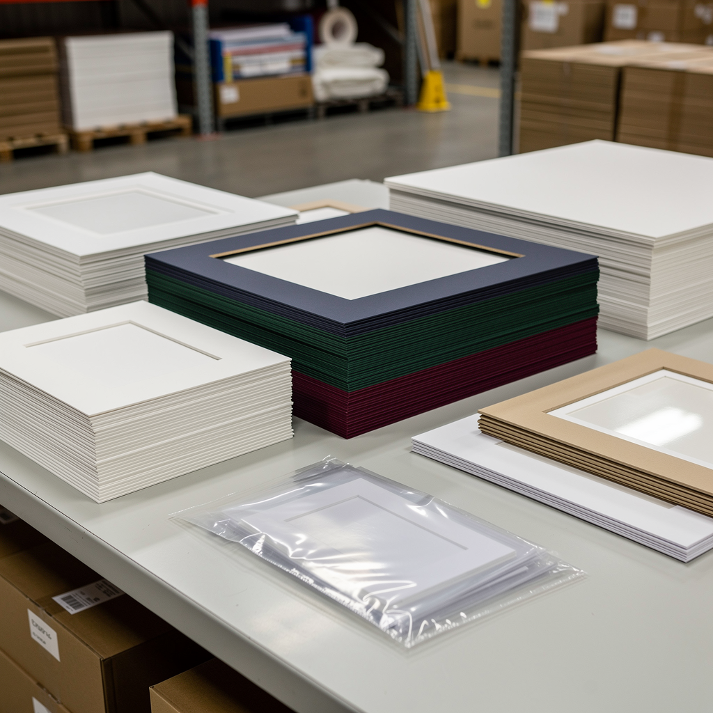 Stacks of bulk custom-cut matboards prepared for wholesale framing and photography orders