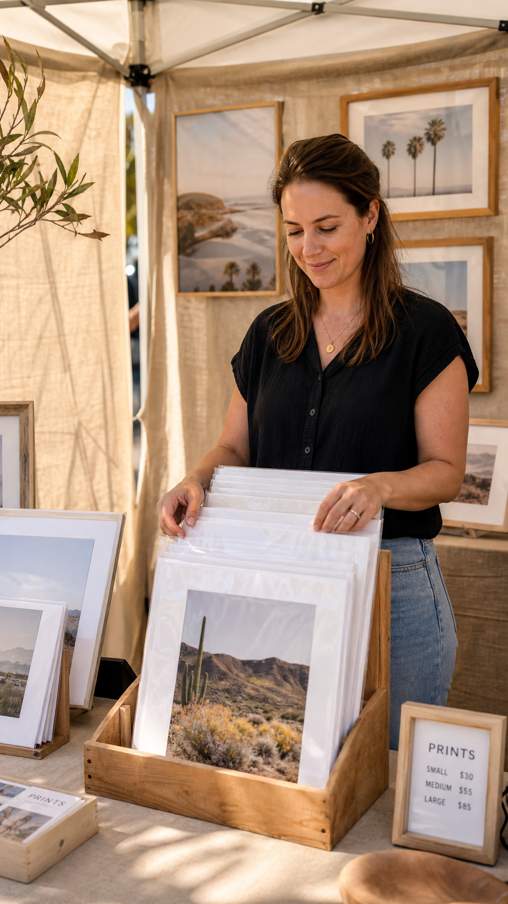 Artist organizing matted prints in clear show bags at an outdoor art fair booth display bin